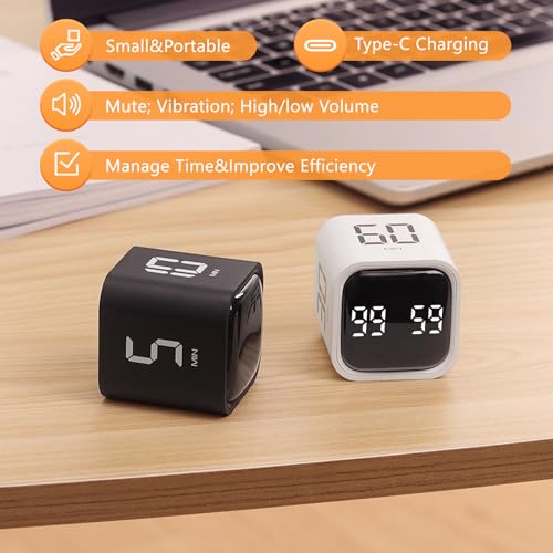 GuDoQi Multi-Function Cube Timer, 5/10/30/60 Min & Custom Count Down, Included Pause & Resume Feature, Silent, Vibrate & Adjustable Sound Alarm for Productivity in Tasks, Study & Kitchen, White - color: White