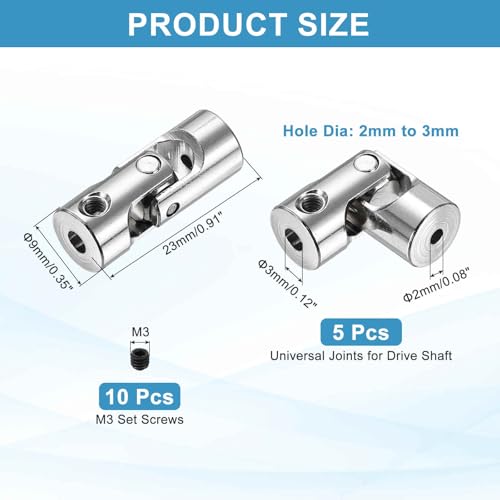 MECCANIXITY 5pcs Universal Joint Shaft Coupling, 2mm to 3mm Inner Dia Rotatable Steering Shaft U Joints Coupler with Screws for RC Car, Robot, Boat Drive Ship Motor Use - size: 2mm to 3mm