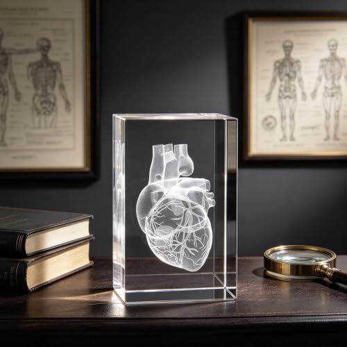 3D Human Heart Anatomical Model Paperweight(Laser Etched) in Crystal Glass Cube Science Anatomy Gift (No Included LED Base)(3.1x2x2 inch)