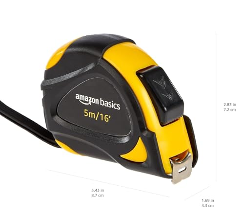 Amazon Basics Self-Locking Tape Measure with Belt Clip, 16-Feet (5-Meters), Inch/Metric Scale, MID Accuracy, Black, Yellow - color: Black, Yellow, size: 4.9 m