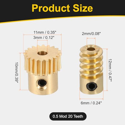 uxcell Worm Gear Set 20T 0.5 Module 20:1 Reduction Rate, Right Rotation Drive Gear Box Wheel Reduce Transmission Part (Brass Gear-3mm Bore, Brass Rod 2mm Bore) - size: Gear-3mm, Rod-2mm Bore, style: 0.5M-20T