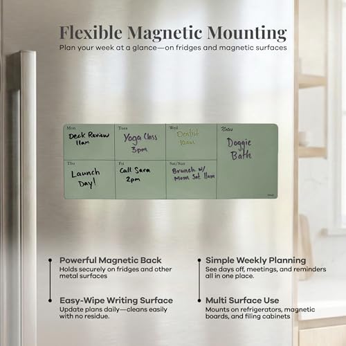 Birch Desktop Glass Whiteboard with Magnetic Weekly Calendar – Dry Erase Board, Keyboard Stand, Hidden Storage, Adjustable Dividers, 3 Markers & Eraser – Office, Home, School – Moss - style: Moss Gen2