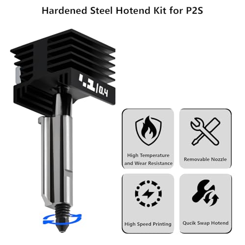 Upgrade 0.4mm P2S, X2D Hotend Kit, 3D Printer Print Head Hot End Heating Block Kit with 0.4mm Removable Hardened Steel Nozzle for Bambu Lab H2S, H2D, H2C, A1/A1 Mini - size: 0.4mm