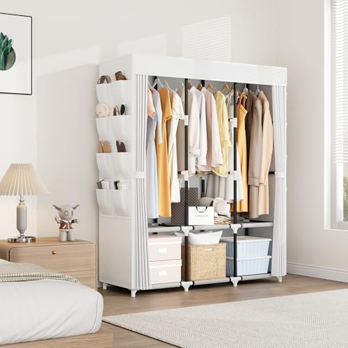 Portable Closet with Cover, 3 Hanging Rods and Side Pocket, Sturdy Free Standing Closet, White - color: White, size: 3 Row - 49.2'' Wide