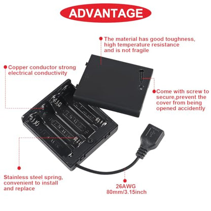 5 Pcs 4 AA Battery Holder, USB Female Socket, 4 x 1.5V AA Battery Box Holder with Cover (Batteries are not Included), ON/Off Switch, Screw,for Arduino RC LED Strip - color: N.4AA Battery Holder Cover With USB Female Socket