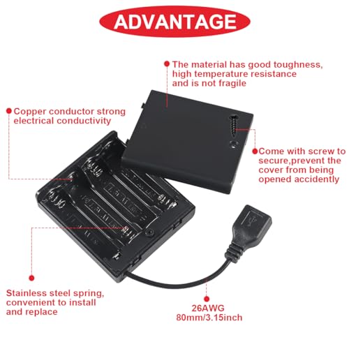 5 Pcs 4 AA Battery Holder, USB Female Socket, 4 x 1.5V AA Battery Box Holder with Cover (Batteries are not Included), ON/Off Switch, Screw,for Arduino RC LED Strip - color: N.4AA Battery Holder Cover With USB Female Socket