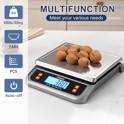 Atogou 66lb Food Scale, Commercial Kitchen Scale Plug-in Usable with Full View LCD Display, Stainless Steel, for Baking, Bread, Cooking, Meat, Vegetables, Farm, Industry LC200 Grey - size: Grey 66 lb (30 kg)