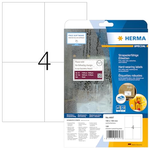HERMA Self Adhesive Heavy Duty Weatherproof Foil Labels, 4 Labels Per A4 Sheet, 100 Labels for Laser Printers, 105 x 148 mm (4697) - size: 105 x 148 mm, style: 25 Sheets