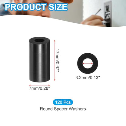 PATIKIL M3 Black ABS ID 3.2mm,OD 7mm,Length 17mm, Nylon Round Spacer Washers, 120Pcs Plastic Standoff Rubber Nut Unthreaded for M3 Screws Electrical Outlet Switch Receptacle - size: 3.2mm x 7mm x 17mm