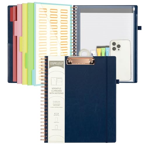 Ospelelf Leather Clipboard Folio with Notepad for Letter Size, Spiral Clipboard Folder with Storage Zipper Pouch, 5 Folders with 10 Pockets, 39 Divider Label Stickers, Pen Loop Series (Blue) - color: Blue