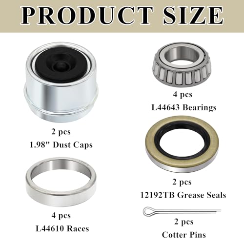 2 Sets 2000-2200lb Trailer Bearing Kit, L44643/L44610 Bearing Kits with 12192TB Grease Seals, 1.98" Dust Caps and Cotter Pins for 1'' Axles Trailer Wheel Hub