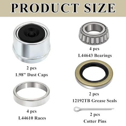 2 Sets 2000-2200lb Trailer Bearing Kit, L44643/L44610 Bearing Kits with 12192TB Grease Seals, 1.98" Dust Caps and Cotter Pins for 1'' Axles Trailer Wheel Hub