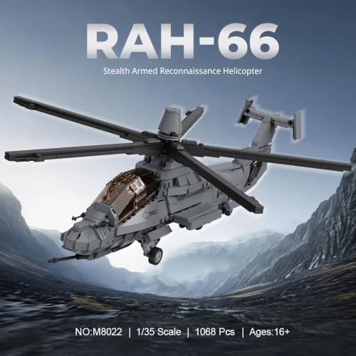 MISINI M8022 1:35 U.S. Army RAH-66 Comanche Stealth Armed Helicopter Building Blocks Set, 1068 Pcs Military Aircraft Model with Base, Collectible Display Gift for Adult Hobbyists and Collectors
