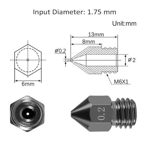 Aokin 5 Pcs 0.2mm Hardened Steel Nozzles MK8 Nozzles 3D Printer Nozzles with High Temperature Wear Resistant for Creality Ender 3/3 Pro/3 V2, Ender 5/5 Pro, CR-10/10S, Makerbot, with Flat Wrench - color: 0.2mm