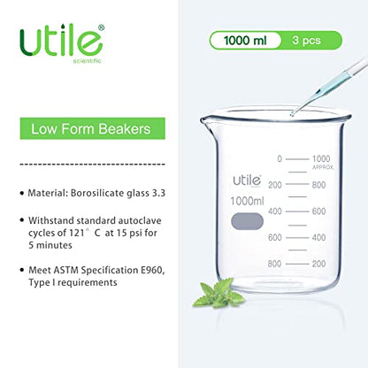 Utile 3pcs of 33.8oz(1000ml) Low Form Glass Beakers, Borosilicate 3.3 Glass with Printed Graduation, 4000.1000.3 - style: 3pcs of Vol.1000ml