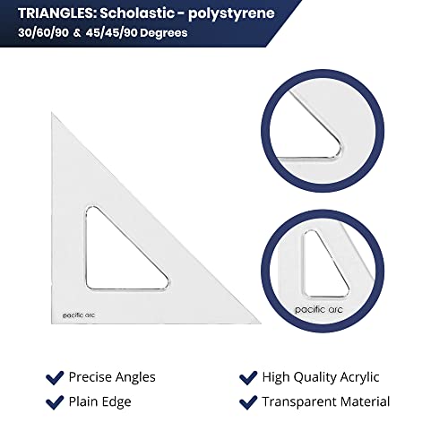 Pacific Arc's Scholastic Triangle - 12 inch - Clear - 45/90 Angle - Plain Edge - Polystyrene - Technical Drawing Tools, Drafting, Architect and Engineering. - style: 12 inch, 45/90