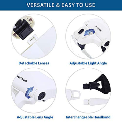 YOCTOSUN Magnifying Glasses with Light, LED Head Magnifier with 5 Lenses, Headband, Storage Case, Hands Free Lighted Head Magnifying Visor for Close Work Hobby Crafts - style: Head Magnifier with 2 LED Lights & Storage Case