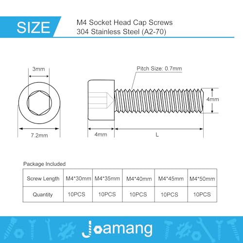 M4 x 30mm 35mm 40mm 45mm 50mm Socket Head Cap Screws Bolts, Stainless Steel 304, Metric Allen Hex Drive, Bright Finish, Fully Threaded, Assortment Kit 50PCS - size: Socket M4x30-50 mm