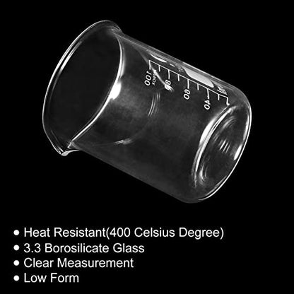 PATIKIL 3Pcs 100ml Low Form Glass Beaker, 3.3 Borosilicate Glass Graduated Printed Scale Measuring Cups with Spout for Kitchen Lab Liquids (Pack of 2) - size: 100ml (Pack of 2)