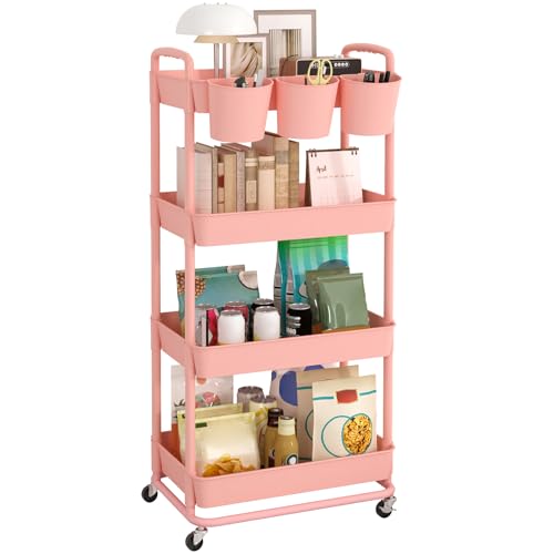 JIUYOTREE 4-Tier Plastic Rolling Storage Cart Utility Cart with Extra Hanging Cups Handles Lockable Wheels for Living Room Bathroom Kitchen Office Pink - color: Pink, size: 4-Tier