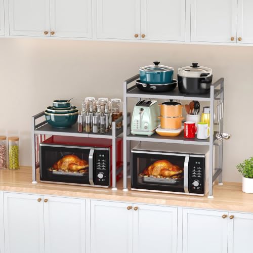 PUSDON Expandable Microwave Oven Rack, 2-Tier Countertop Baker's Rack Style Shelf, Heavy Duty Stand with 3 Hooks, 160lbs Capacity Stainless Steel Appliance Match, Silver Gray - color: Silver Grey, size: H-frame 2 tier