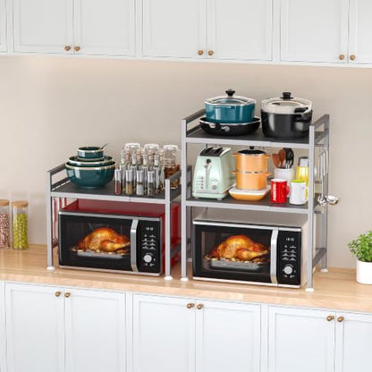 PUSDON Expandable Microwave Oven Rack, 2-Tier Countertop Baker's Rack Style Shelf, Heavy Duty Stand with 3 Hooks, 160lbs Capacity Stainless Steel Appliance Match, Silver Gray - color: Silver Grey, size: H-frame 2 tier