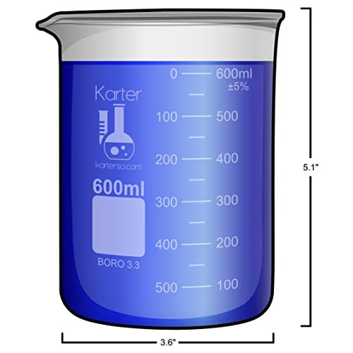 600ml Beaker, Low Form, Borosilicate 3.3 Glass, Double Scale, Karter Scientific 232T4 (Single) - size: 600ml, style: Pack of 1