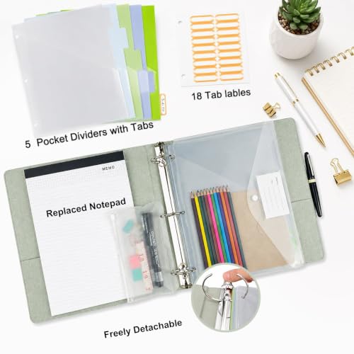 3 Ring Binder with Clipboard,2 Inch Binders with Notepad&5 Dividers with Pockets, Pen Holder, Linen Clipboards for School Office(Green Tulip, Letter Size) - color: Green Tulip, size: 2 Inch