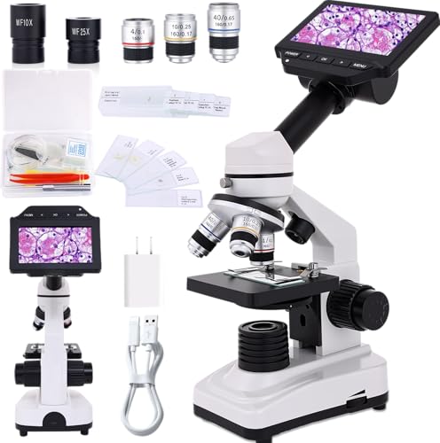 Microscope for Adults & Kids, 40X-2500X High-Power Compound Microscope for Students, School Lab & Home Schooling,Equiped with Slides Set & Phone Holder (Black and White) - color: black and white