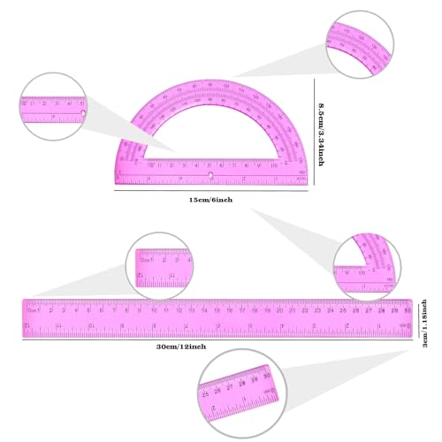 2 Packs 12 Inch Plastic Ruler and 6 Inch Plastic Protractor Set Clear Math Geometry Set Classroom Set Angle Detector School Supplies Classroom Ruler Home Office Drawings (Pink) - color: Pink