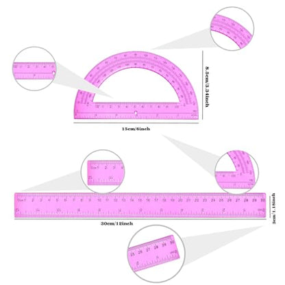 2 Packs 12 Inch Plastic Ruler and 6 Inch Plastic Protractor Set Clear Math Geometry Set Classroom Set Angle Detector School Supplies Classroom Ruler Home Office Drawings (Pink) - color: Pink