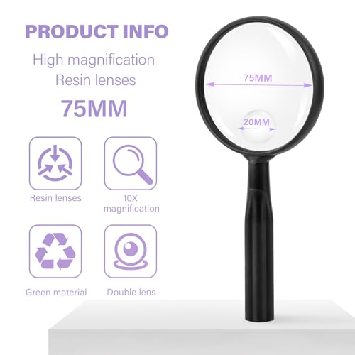Lakei 10X Handheld Reading Magnifier Glass, Non-Slip Handle,75mm(Black) - color: Black, size: 75mm