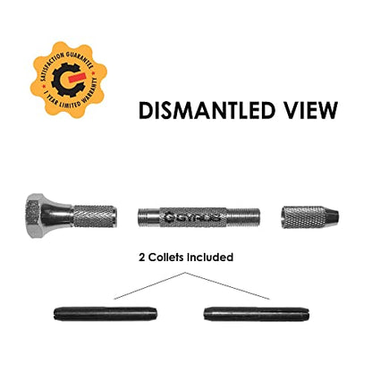 GYROS Swivel Head Pin Vise Hand Drill, 0"(0mm) to 1/8"(3.175mm) w/Anti-Slip Nickel Plated Steel Body & 2 Reversible Collets, Small Hand Drill for Precision Drilling of Jewelry, Plastic, & Wood