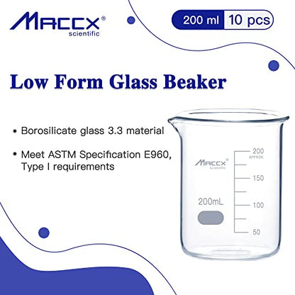6.7oz(200ml) Sturdy Glass Beaker, 3.3 Borosilicate Griffin Low Form with Printed Graduation, Pack of 10, BKL200-010 - style: Vol.200ml, Pack of 10