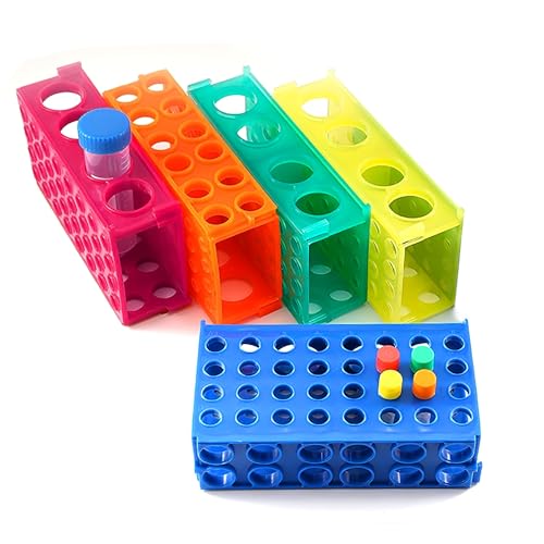 4-Way Interlocking Plastic Tube Rack Set (5 Pack) - Expandable Organizer for 0.5-50mL Containers, 5 Colors for Home & School Projects