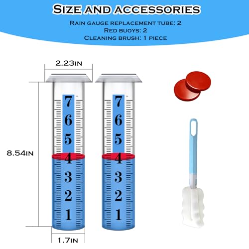 2PCS Rain Gauge Replacement Tube Plastic, Accurate Rain Gauge Outdoor, Thickened and Transparent 7" Capacity Tube with Blue Strip for Yard, 2 Rain Meter Tube with 1 Clean Brush and 2 Red Float - color: 2PCS Rain Gauge Replacement Tube