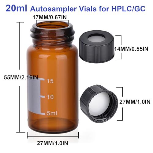 ESHATO 20ML Autosampler Vial, 100 Pack HPLC/GC Vials 9-425 Lab Amber Vials Sample Vial Screw Cap Writing Patch White PTFE and Silicone Septa for LC Stamper - size: 20ML