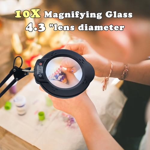 10X Magnifying Glass with Light and Stand, 5 Color Modes Stepless Dimmable Hands Free Lighted Magnifier for Crafts Reading Painting LED Lighted Magnifier for Repair Crafts Close Work