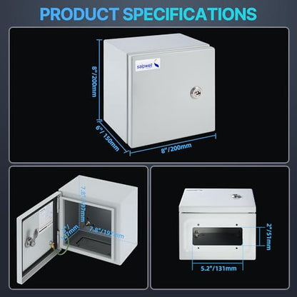8x8x6 NEMA 4X Electrical Enclosure Metal Outdoor Enclosure Box - size: 8"H × 8"W × 6"D