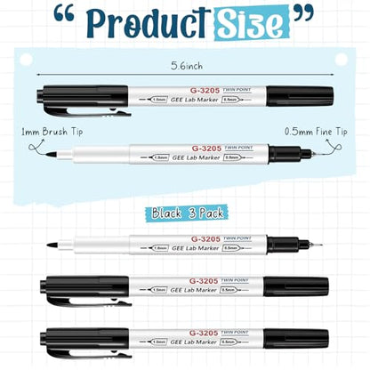 3 Pcs Alcohol Resistant Lab Markers Dual Head, Black - color: Black