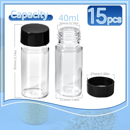 15 PCS 40ML Glass Vials, Small Liquid Sample Vial,27.5x95 mm,10Dram Borosilicate Glass Empty Vials with Caps,Leak-Proof Vial, 24-400 Black Screw Caps with PE Liner - size: 40ML(27,5x95mm）