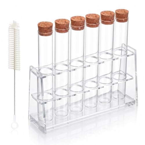 6pcs 30ml Glass Test Tube with Cork Stopper, 20x150mm Flat Bottom Storage Tube with Cap, 6 Holes Acrylic Rack, Plant Propagation Vase Set for Scientific Experiments Lab Candy Liquid Party Decor - size: 20 x 150mm