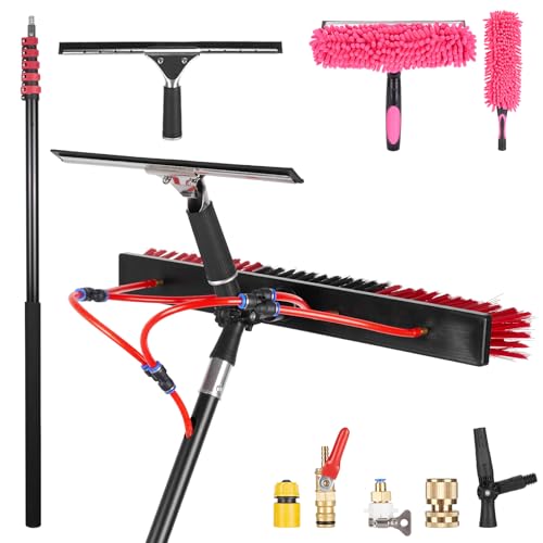 24FT Solar Panel Cleaning Brush & Squeegee Kit, Proffesional Window Washing Tool, 22in Wide Brush & 2 Dusting Brush, Water Fed Pole, Extendable Telescopic Pole for Roof Mounted Solar Panels - size: 24ft