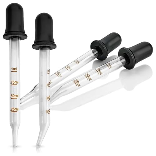 Eye Dropper - (Pack of 4) Bent & Straight Tip Calibrated Glass Medicine Droppers for Essential Oils | Dropper for Accurate Easy Dose and Measurement (1 mL Capacity)