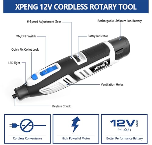 XPENG 12V mini Cordless Rotary Tool Kit, 6 Variable Speeds 5000-25000 RPM 2000mAh Fast-Charging 102 Pcs Accessories for Sanding, Polishing, Carving, Cutting, Drilling and DIY Crafts