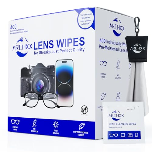 ARCHXX 400 Count Lens Wipes for Eyeglasses, +1 Clip-On Pouch Microfiber Lens Cleaner, Individually Wrapped Pre-Moistened Eye Glasses Cleaner Wipes for Glasses, Sunglasses, Camera Lenses, Streak-Free
