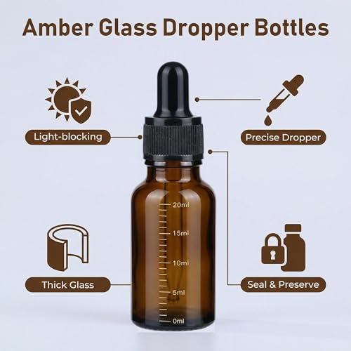 ericotry 3 Pcs 10ml 0.34oz Empty Refillable Amber Glass Graduated Dropper Bottle Essential Oil Cosmetics Elite Fluid Container Jar Pot Holder with Glass Pipette Dropper - size: 10 ml