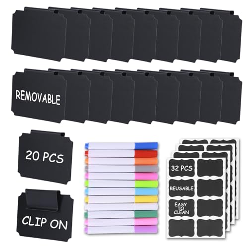 20 Pieces Basket Labels Clip On Set for Storage Bins Kitchen Pantry Basket Box Cube Laundry Organization, with 32 Pieces Removable Chalkboard Tag Stickers and 12 Pieces Chalk Marker