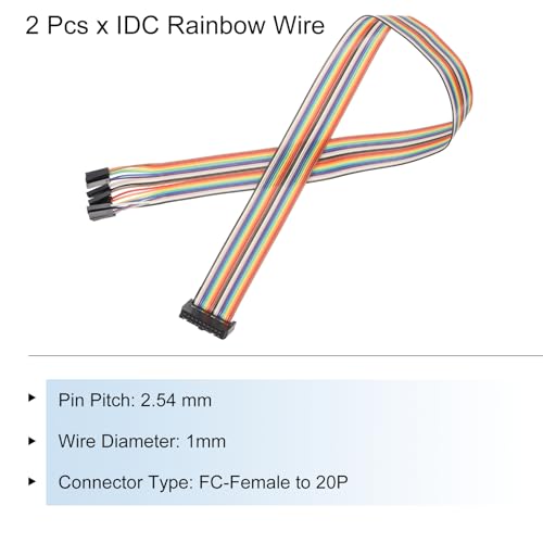 MECCANIXITY 2 Pcs IDC Rainbow Wire Flat Ribbon Cable FC-Female to 20P 11.8 Inch Length 2.54mm Pitch Breadboard Jumper Wires for Electronic Projects - size: 11.8 Inch, style: 20 Pin