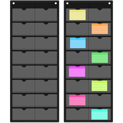 AmazingSpark 2 Pack 3'' x 5'' Index Card Holder Sleeve 16 Slot Plastic Organizer Hanging Wall Mount Business Note Cardholder PVC Clear Organizer Pocket for Classroom Office Library Home (Black) - color: Black